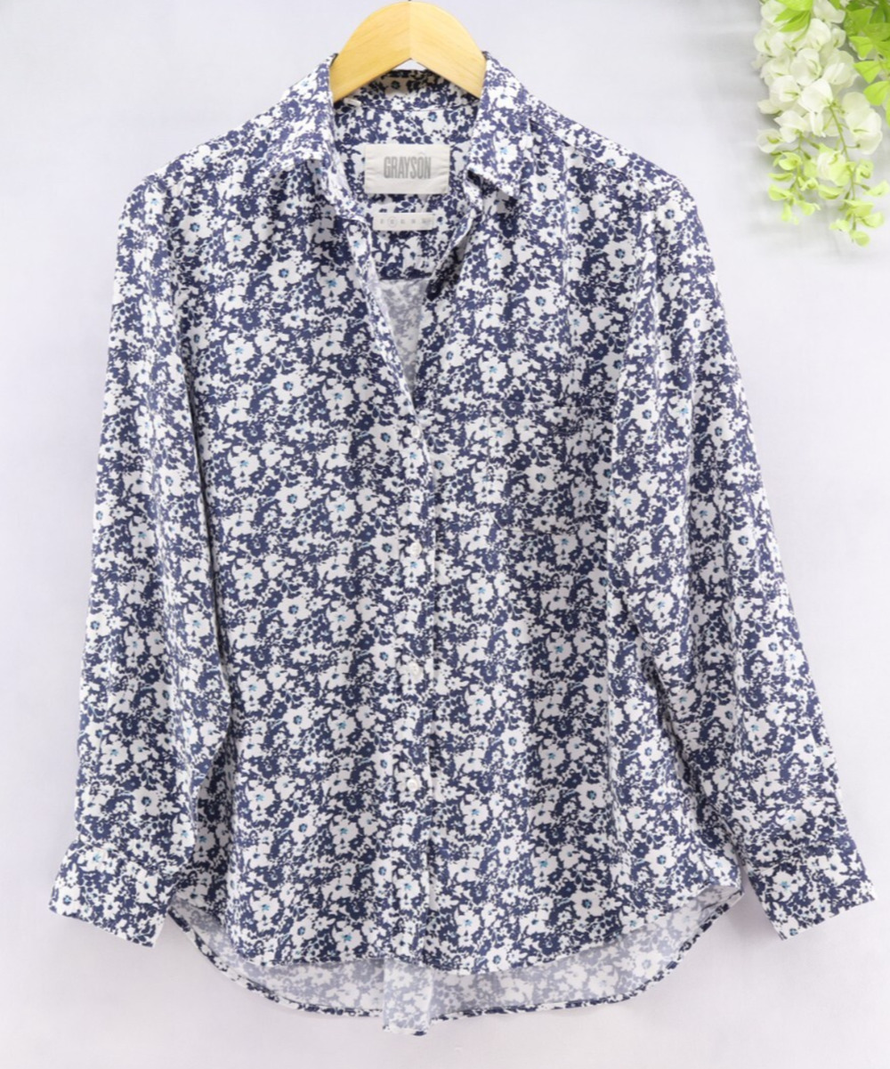 Anthropologie Grayson Sz 2 The Hero Floral Button-Down Shirt Blue Long Sleeve